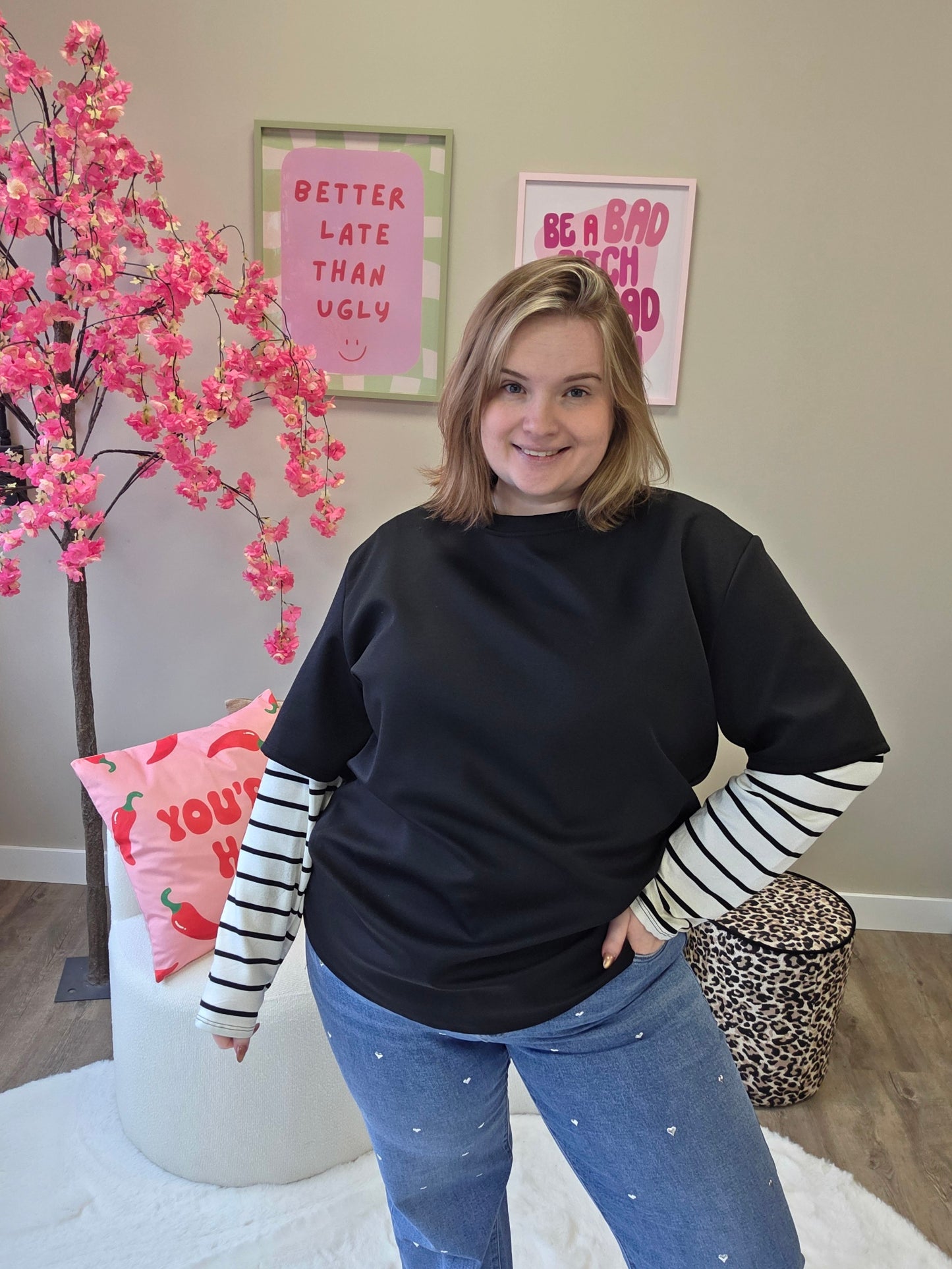 T-Shirt met  streep mouwen (in 3 kleuren)