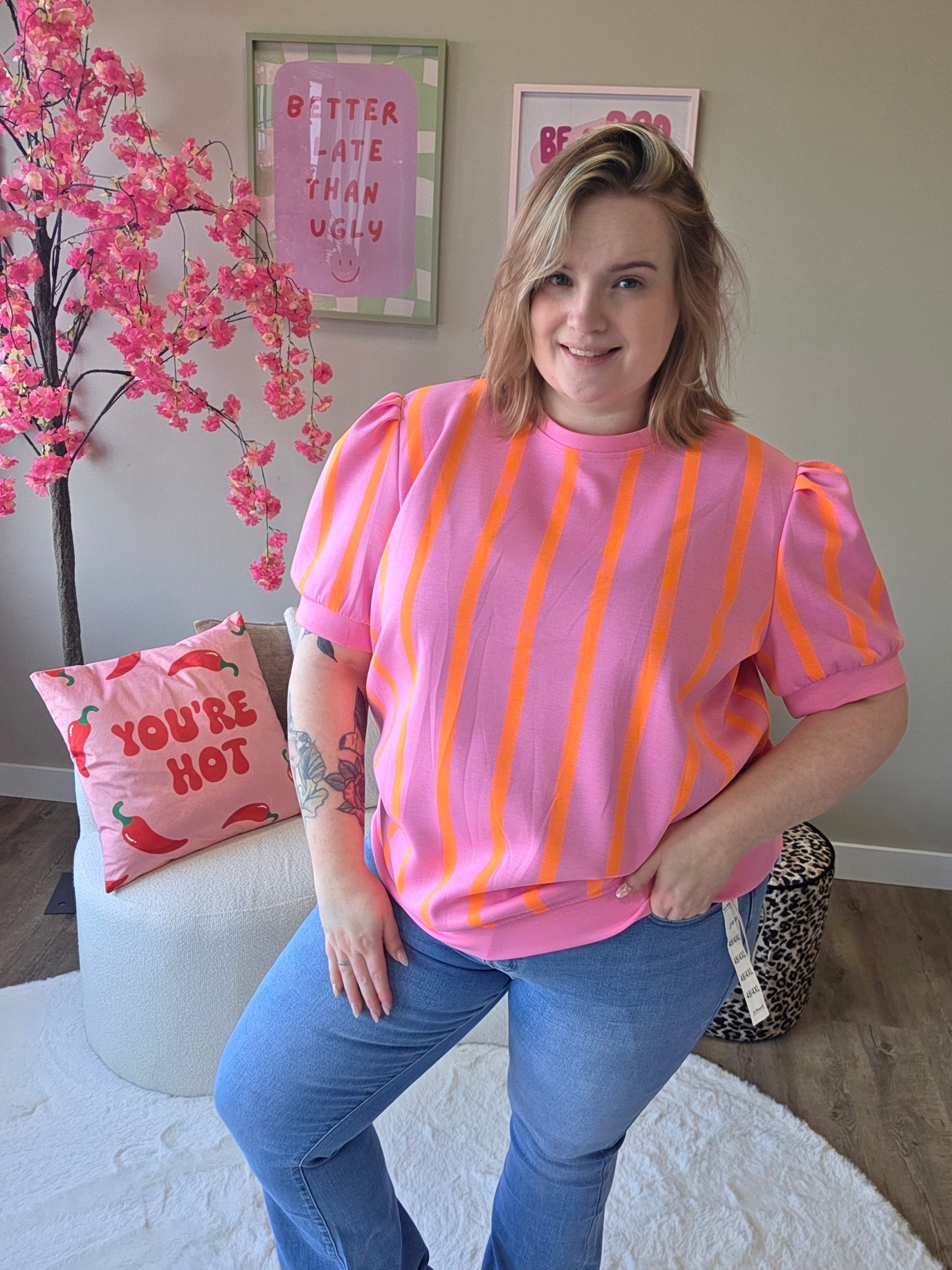 Streepjes T-shirts met pof mouw (in 4 kleuren)