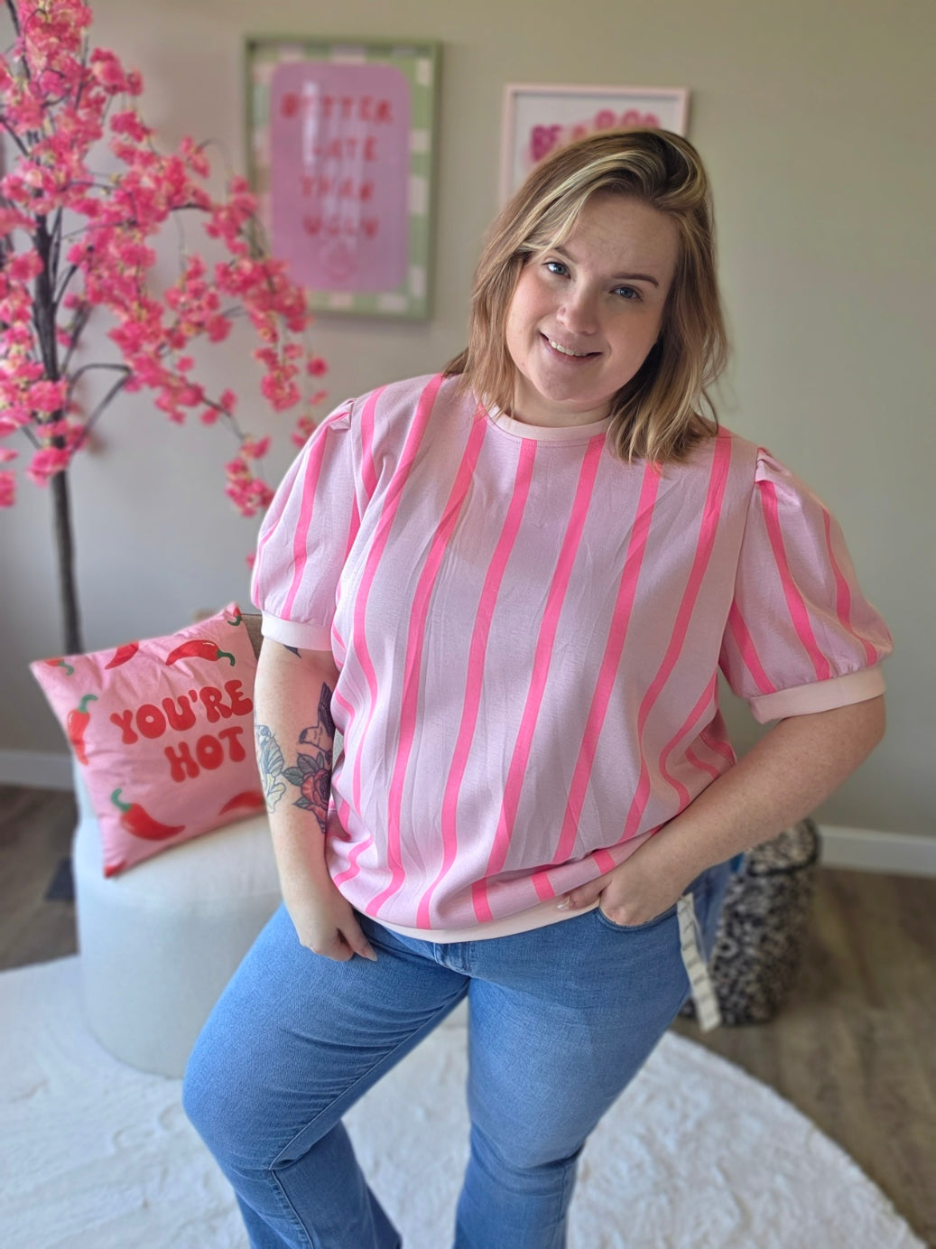 Streepjes T-shirts met pof mouw (in 4 kleuren)