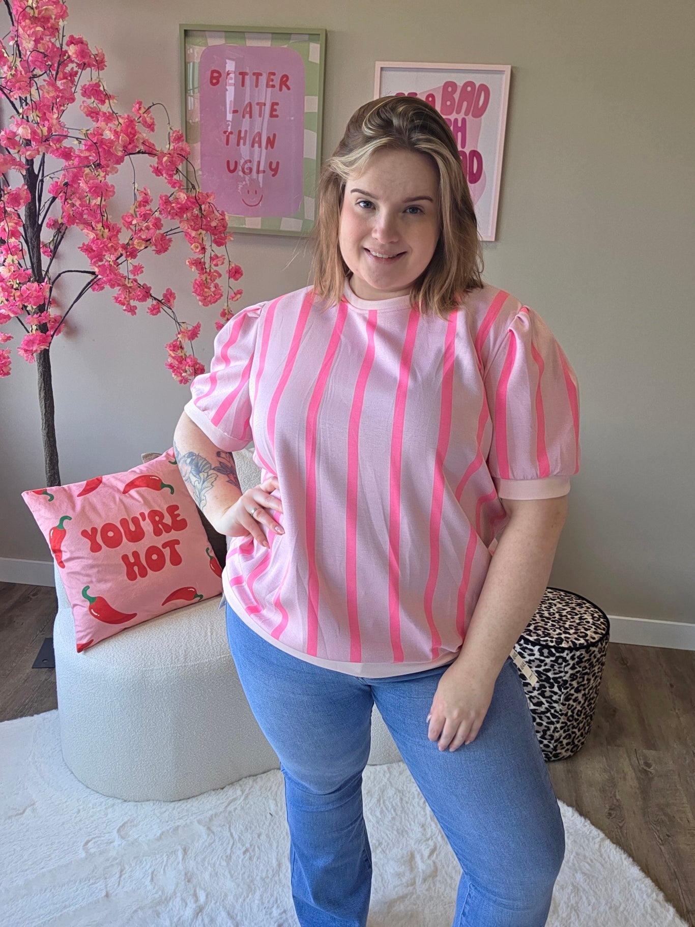 Streepjes T-shirts met pof mouw (in 4 kleuren)