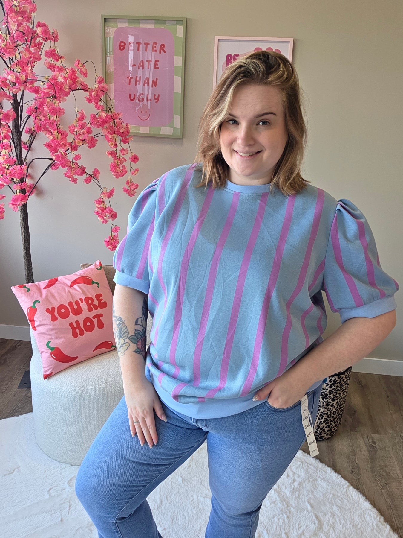 Streepjes T-shirts met pof mouw (in 4 kleuren)