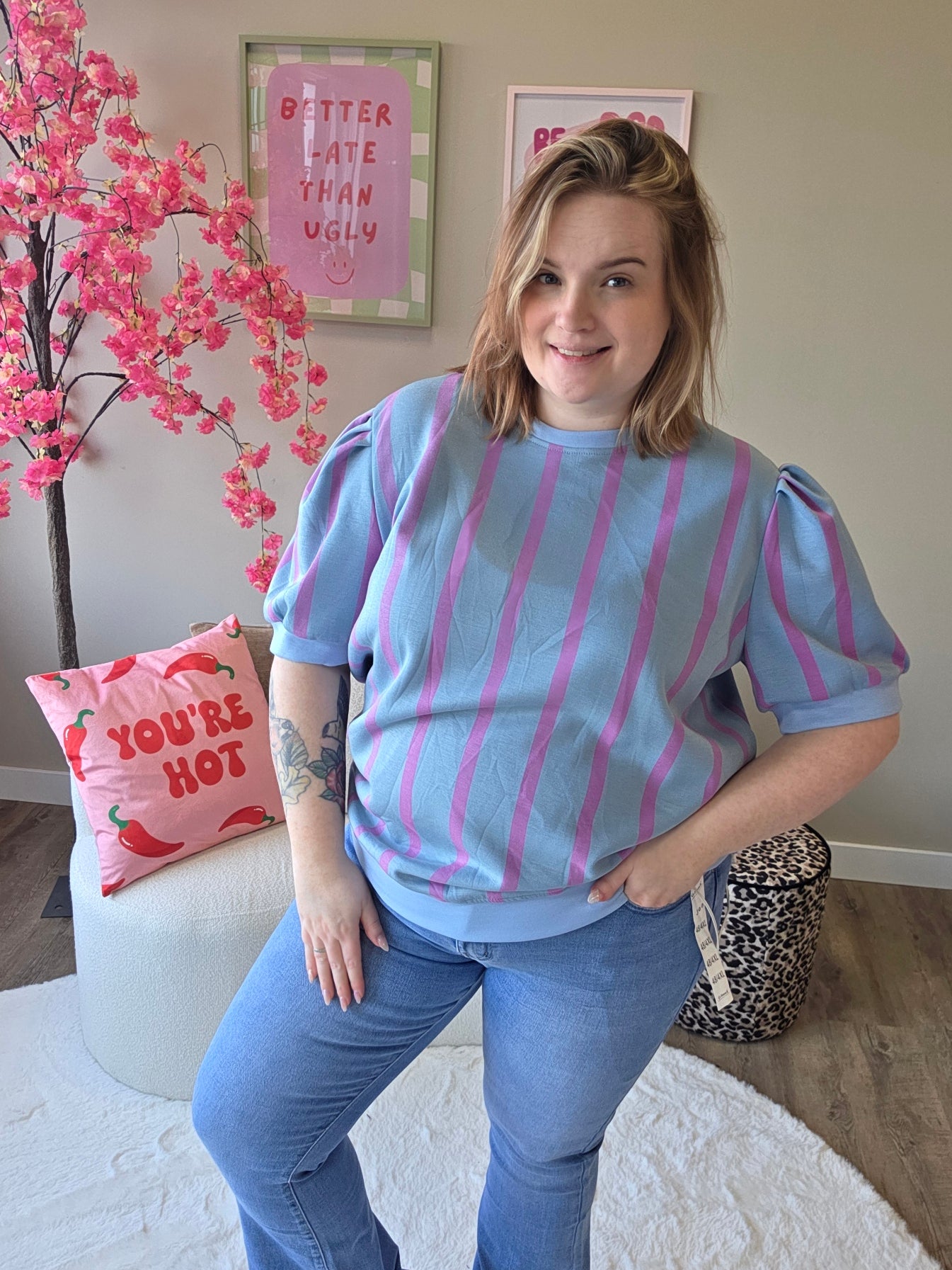 Streepjes T-shirts met pof mouw (in 4 kleuren)