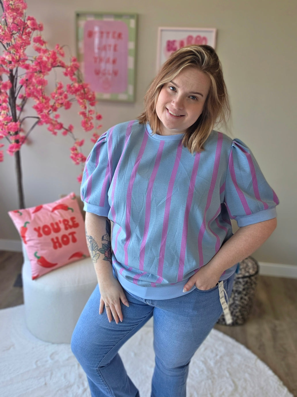 Streepjes T-shirts met pof mouw (in 4 kleuren)