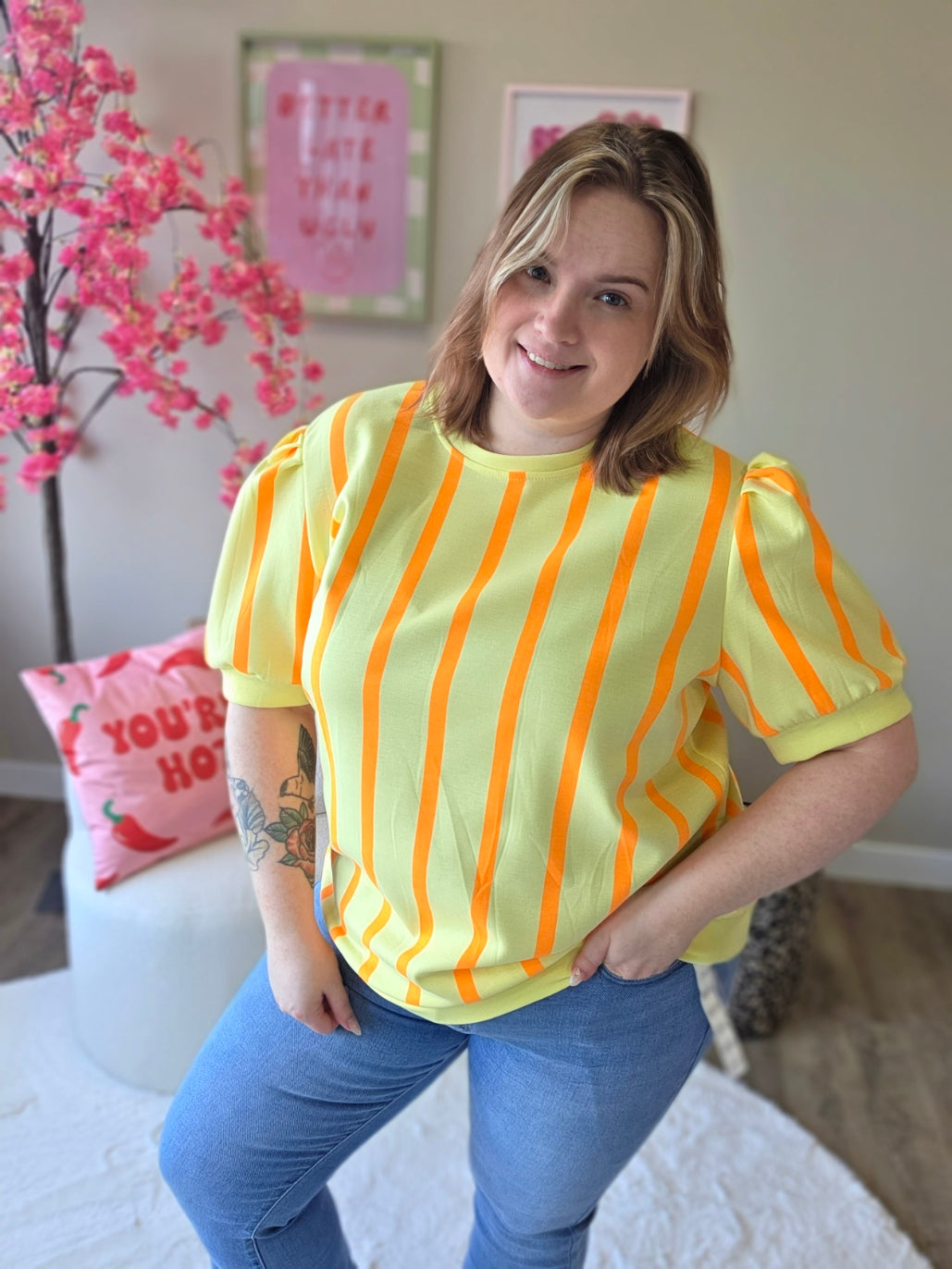 Streepjes T-shirts met pof mouw (in 4 kleuren)