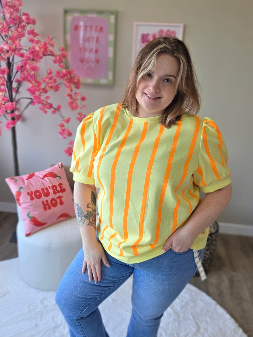 Streepjes T-shirts met pof mouw (in 4 kleuren)