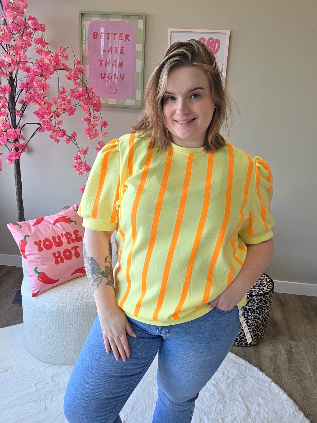 Streepjes T-shirts met pof mouw (in 4 kleuren)