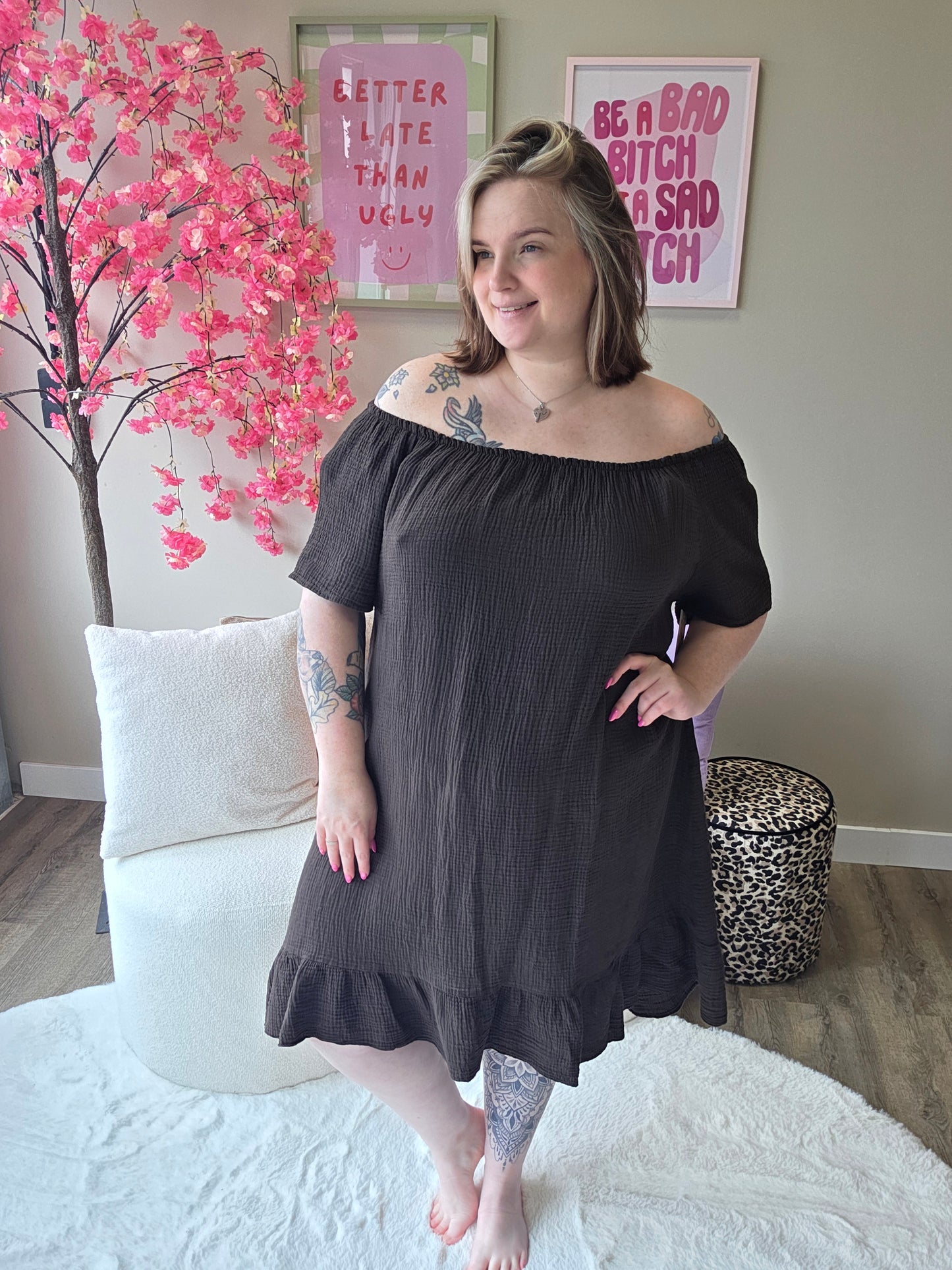 Wafel katoen off-shoulder jurk (In 4 kleuren)