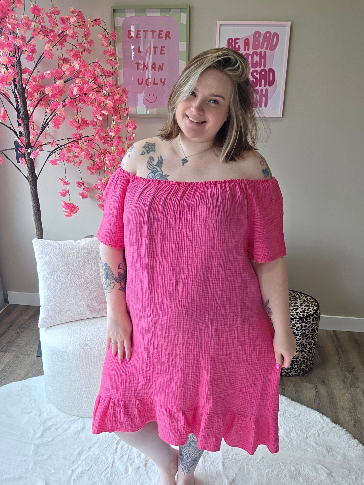 Wafel katoen off-shoulder jurk (In 4 kleuren)