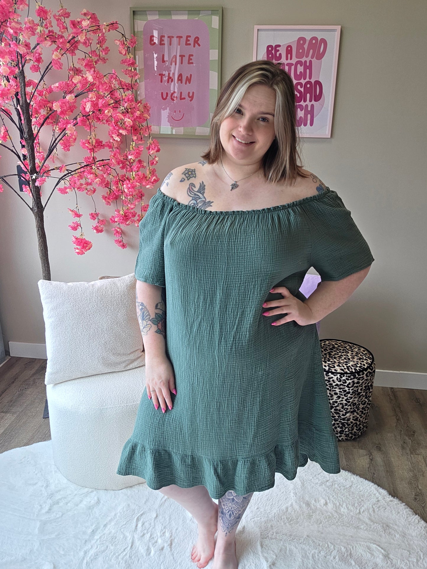 Wafel katoen off-shoulder jurk (In 4 kleuren)