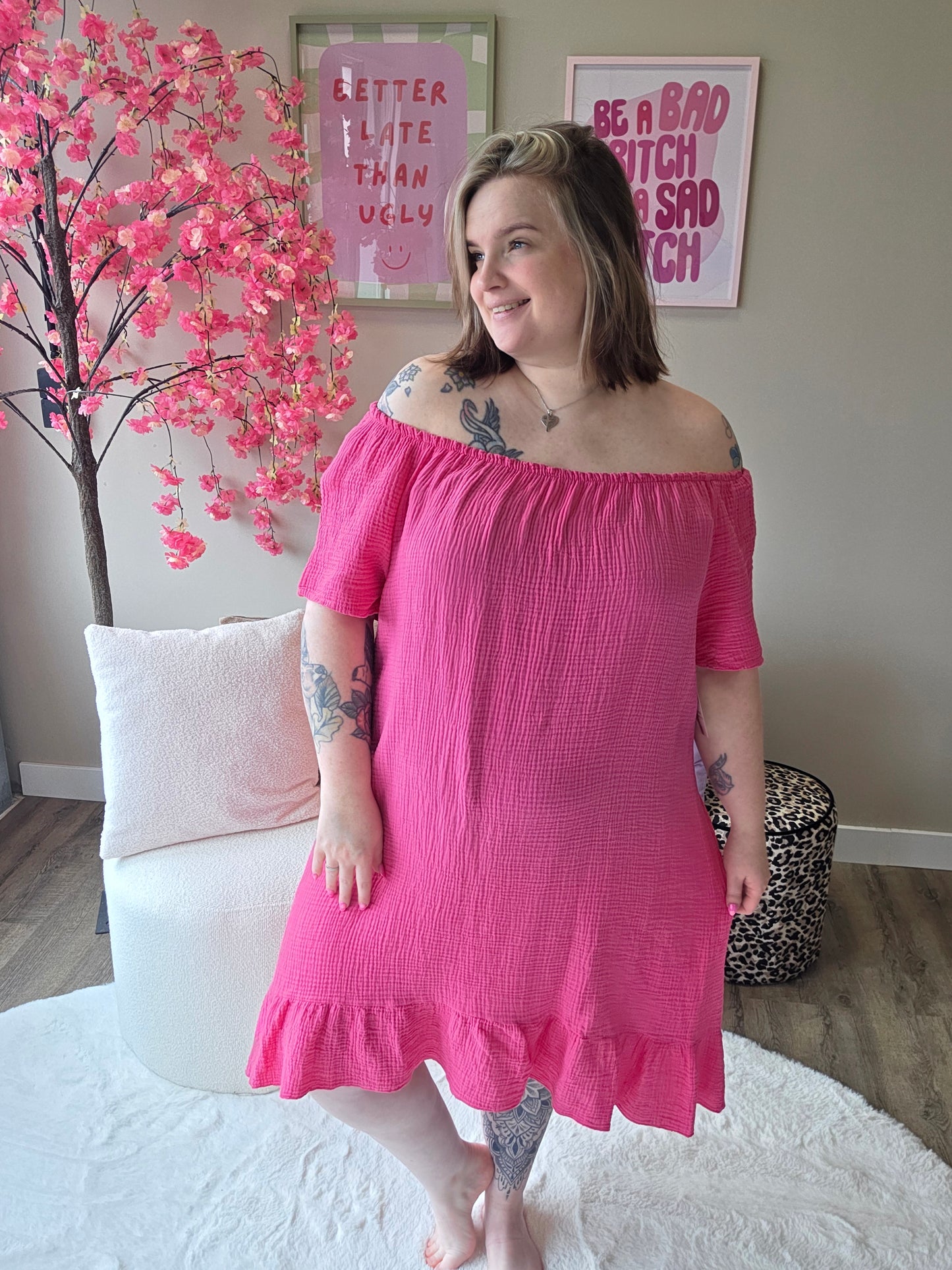 Wafel katoen off-shoulder jurk (In 4 kleuren)