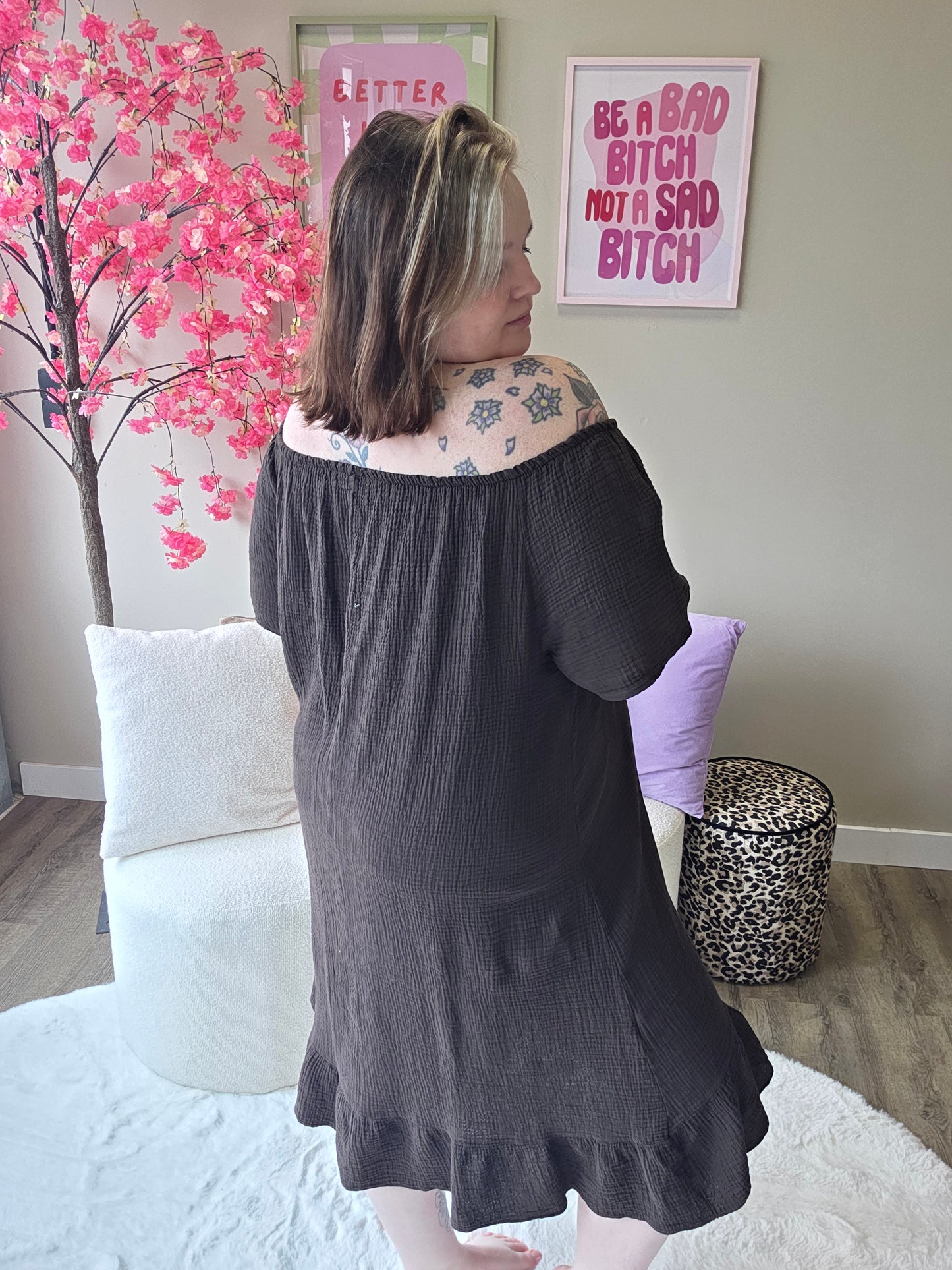Wafel katoen off-shoulder jurk (In 4 kleuren)