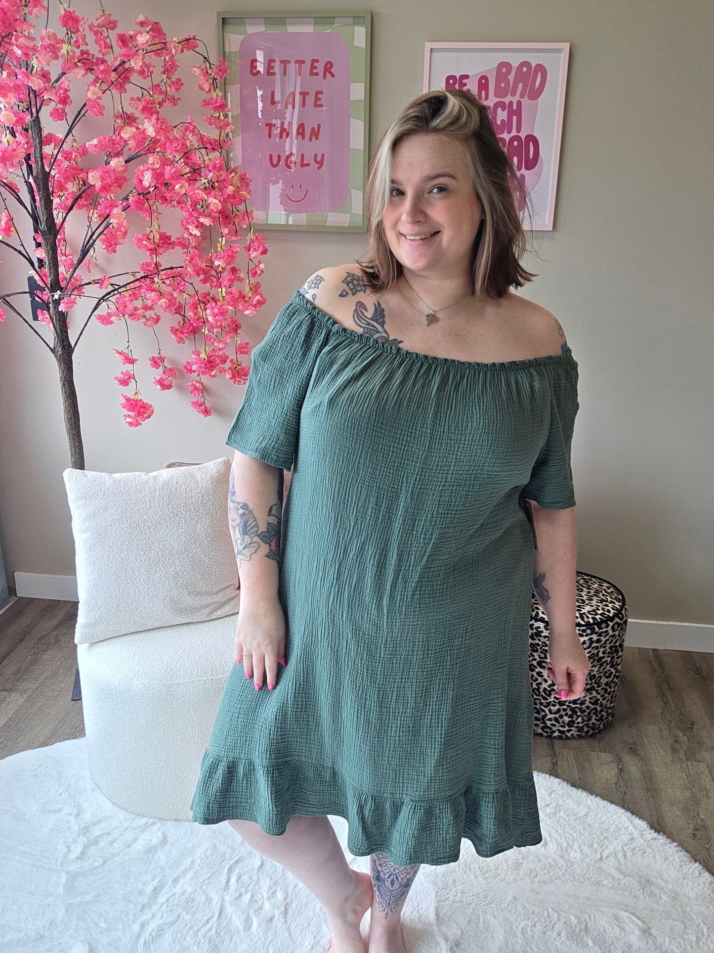 Wafel katoen off-shoulder jurk (In 4 kleuren)